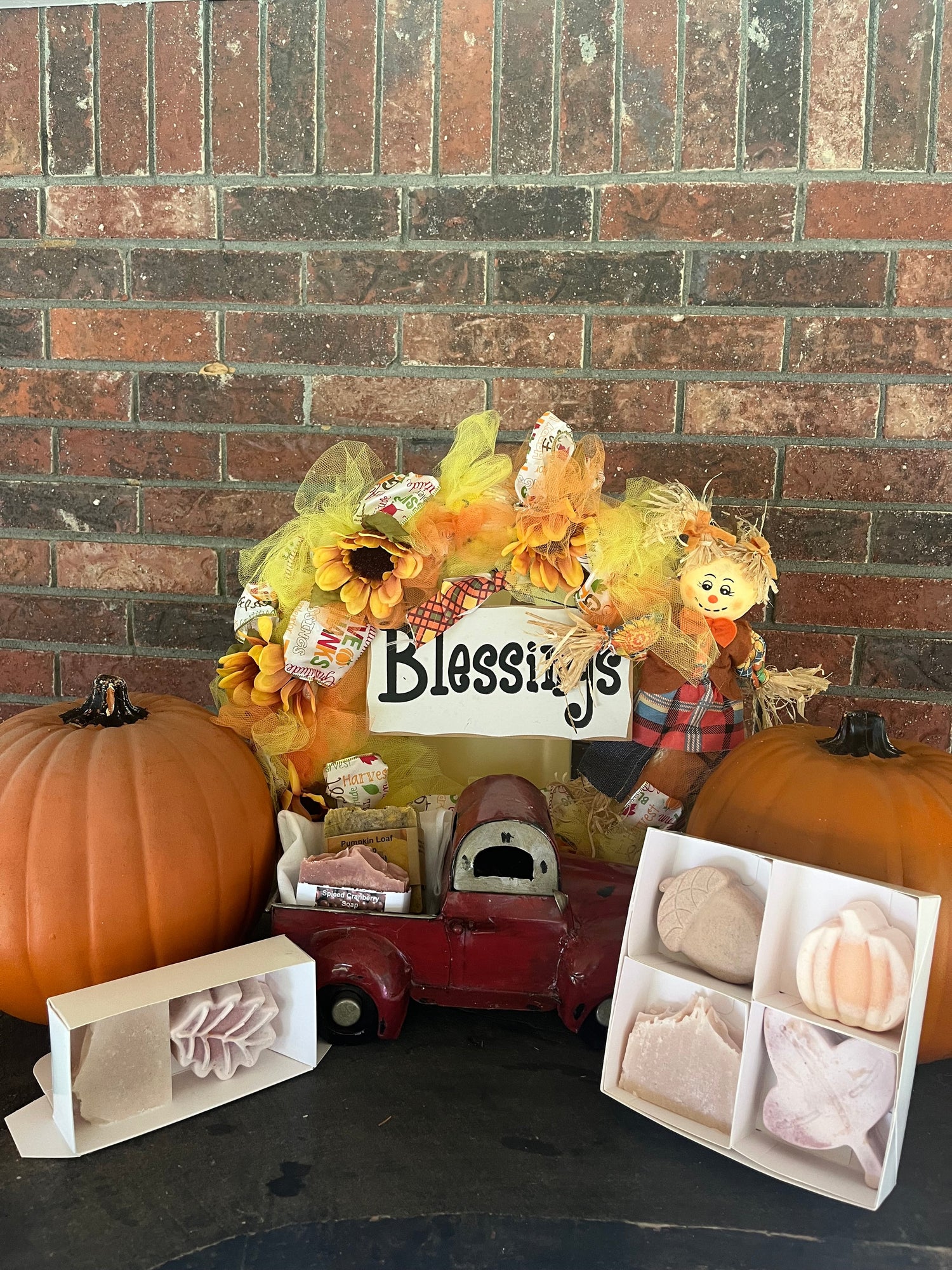 A collection of soaps with a woody fall scent and the scent of pumpkin and Spiced Cranberry.